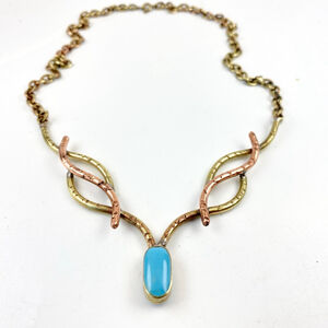 Vintage Celtic Artisan Brass Copper Sleeping Beauty Turquoise Statement Necklace